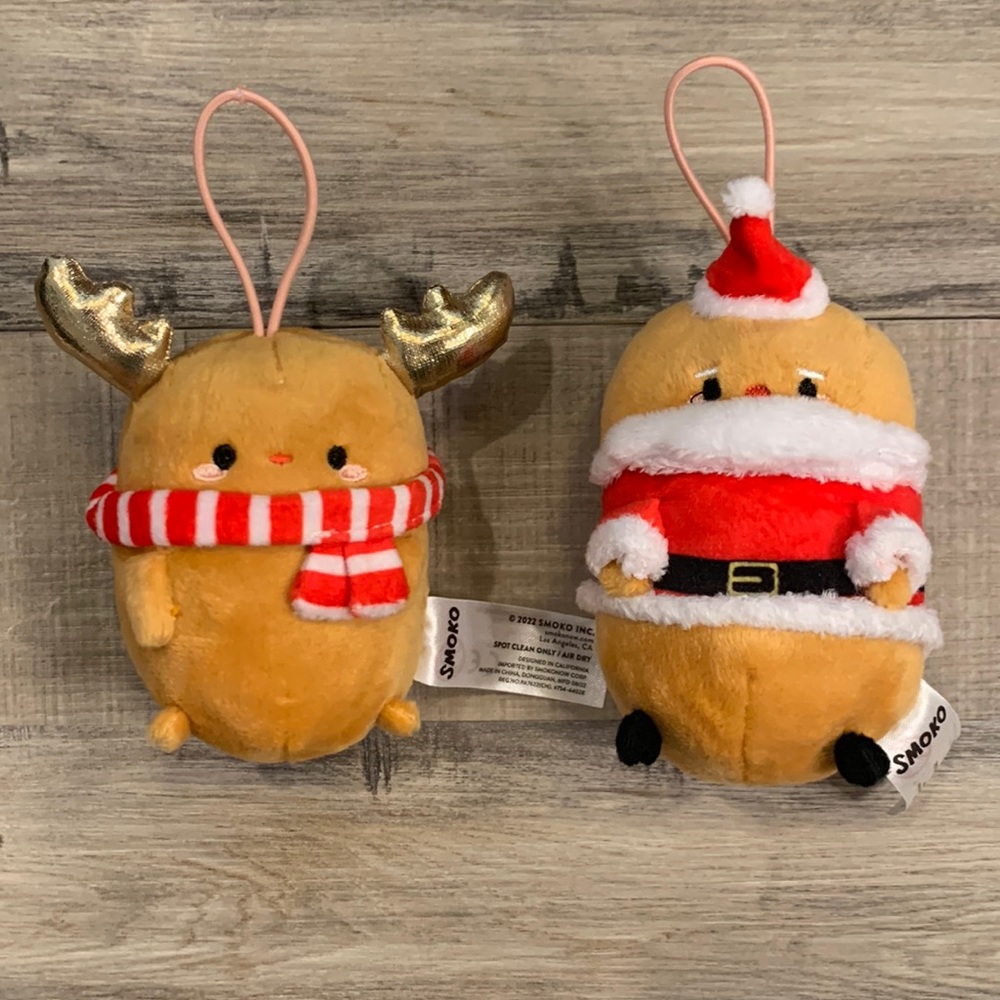 Smoko Tayto Potato plush reindeer and Santa Christmas ornament set of 2